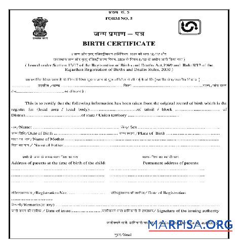 Printable India Rajasthan Registration of births and deaths certificate of birth real example